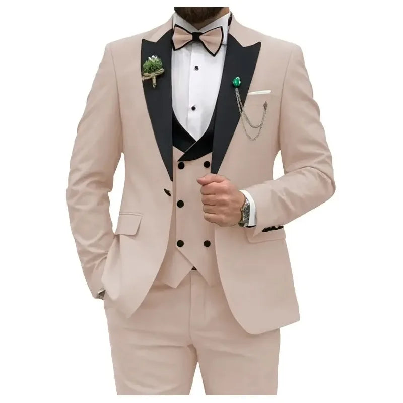 Royal blue men's 3-piece slim fit suit with double-breasted blazer, dress shirt, and matching trousers, styled for formal occasions.