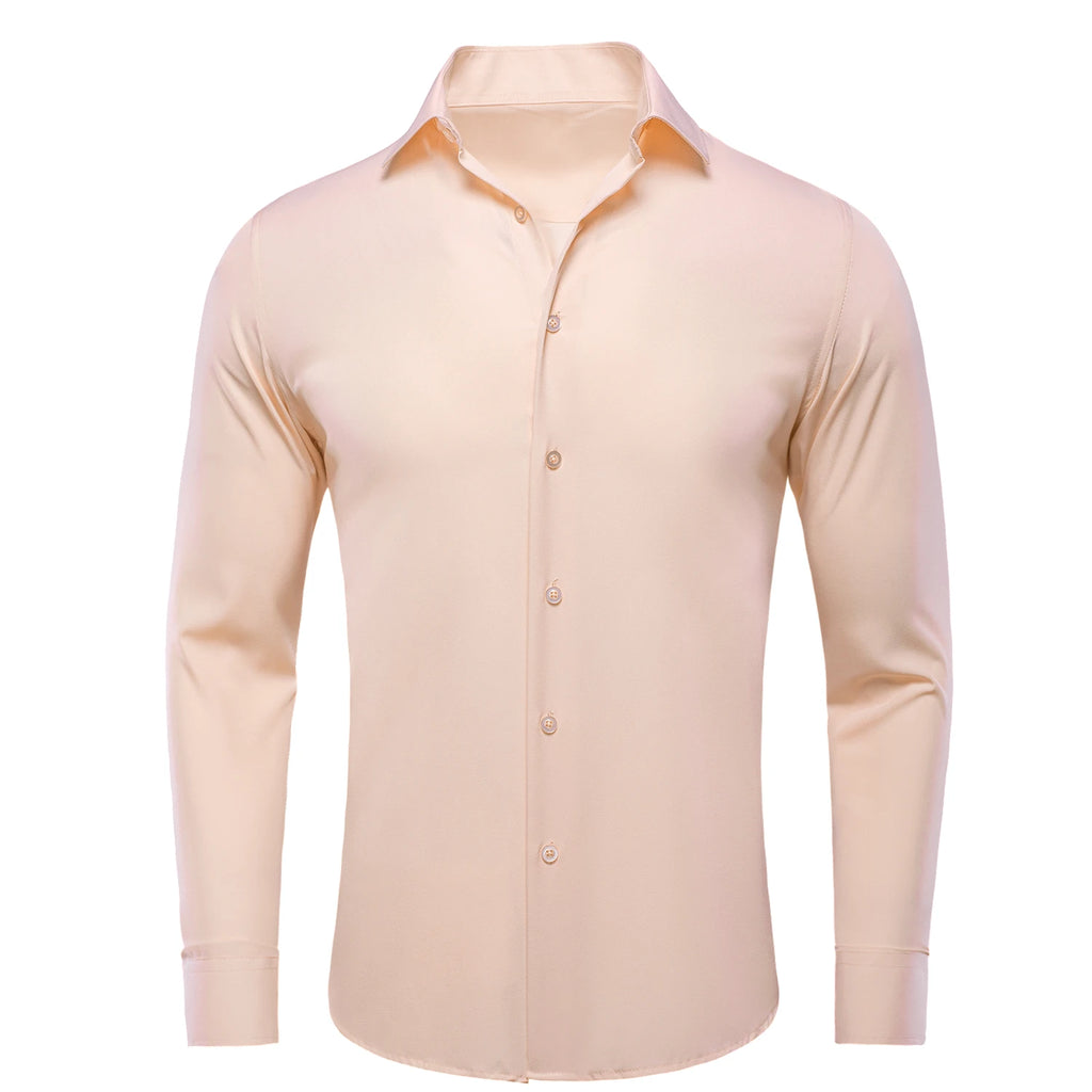 Showlu Fashion men's long sleeve silk dress shirt in solid blue with lapel collar, suitable for business or wedding attire.