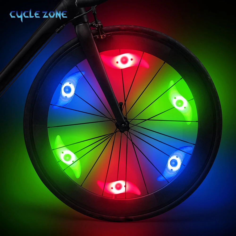 Showlu Smart General bicycle spoke LED wheel light with flashing tire lights installed on a bike wheel.