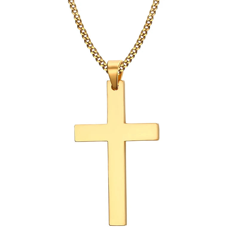Showlu stainless steel cross pendant necklace with punk hip hop link chain, showcasing a bold, stylish accessory for street fashion.