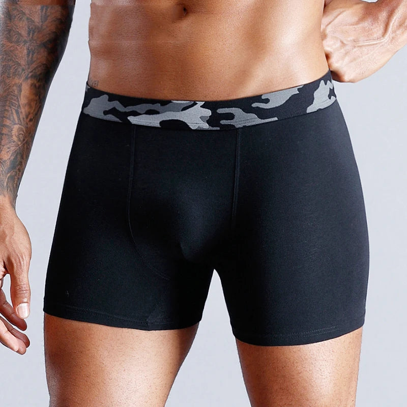 Men's cotton print boxer shorts by Showlu Fashion Store, soft knit fabric, comfortable men's underwear with colorful pattern.