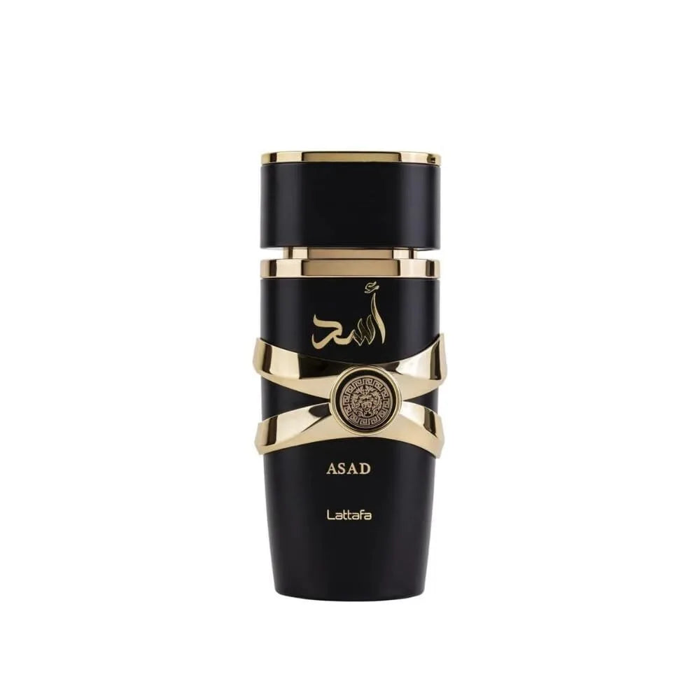 Lattafa Asad Black Edition unisex floral Eau de Parfum 3.4 oz, sleek black bottle with elegant design.