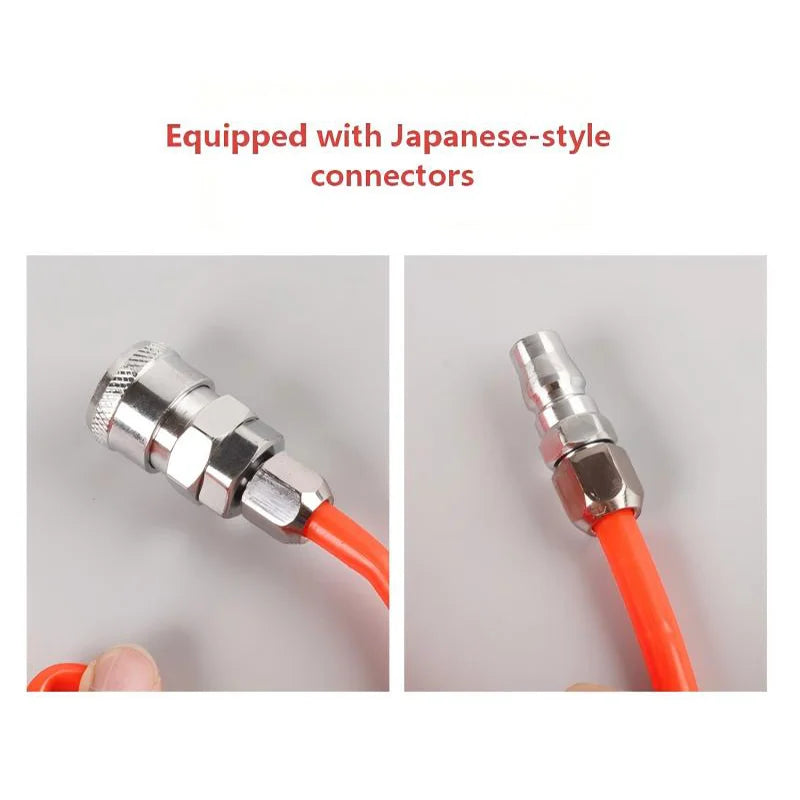 Heavy-duty pneumatic air compressor hose with quick connector, suitable for tools and garden equipment, shown in the image.
