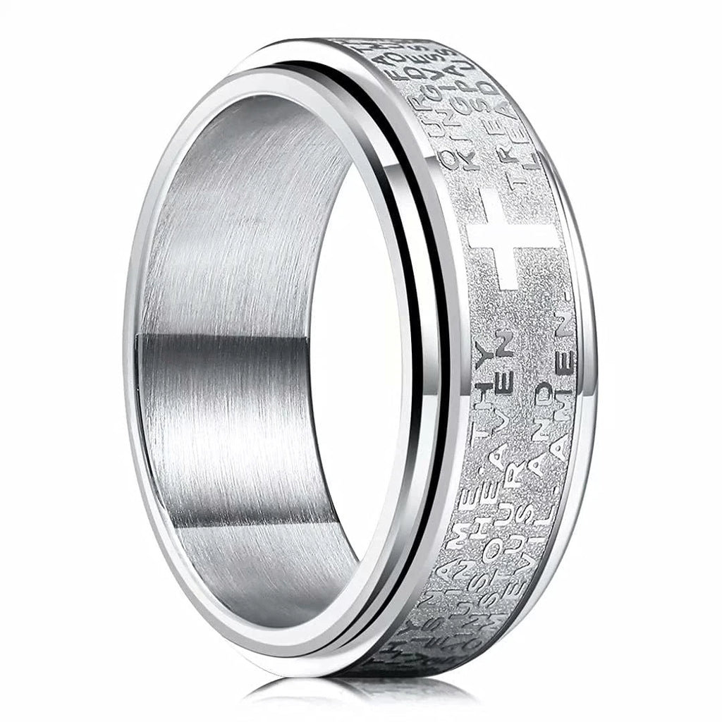 Showlu stainless steel Christian cross spinner anxiety ring for men and women, featuring a detailed cross design and smooth spinning mechanism.