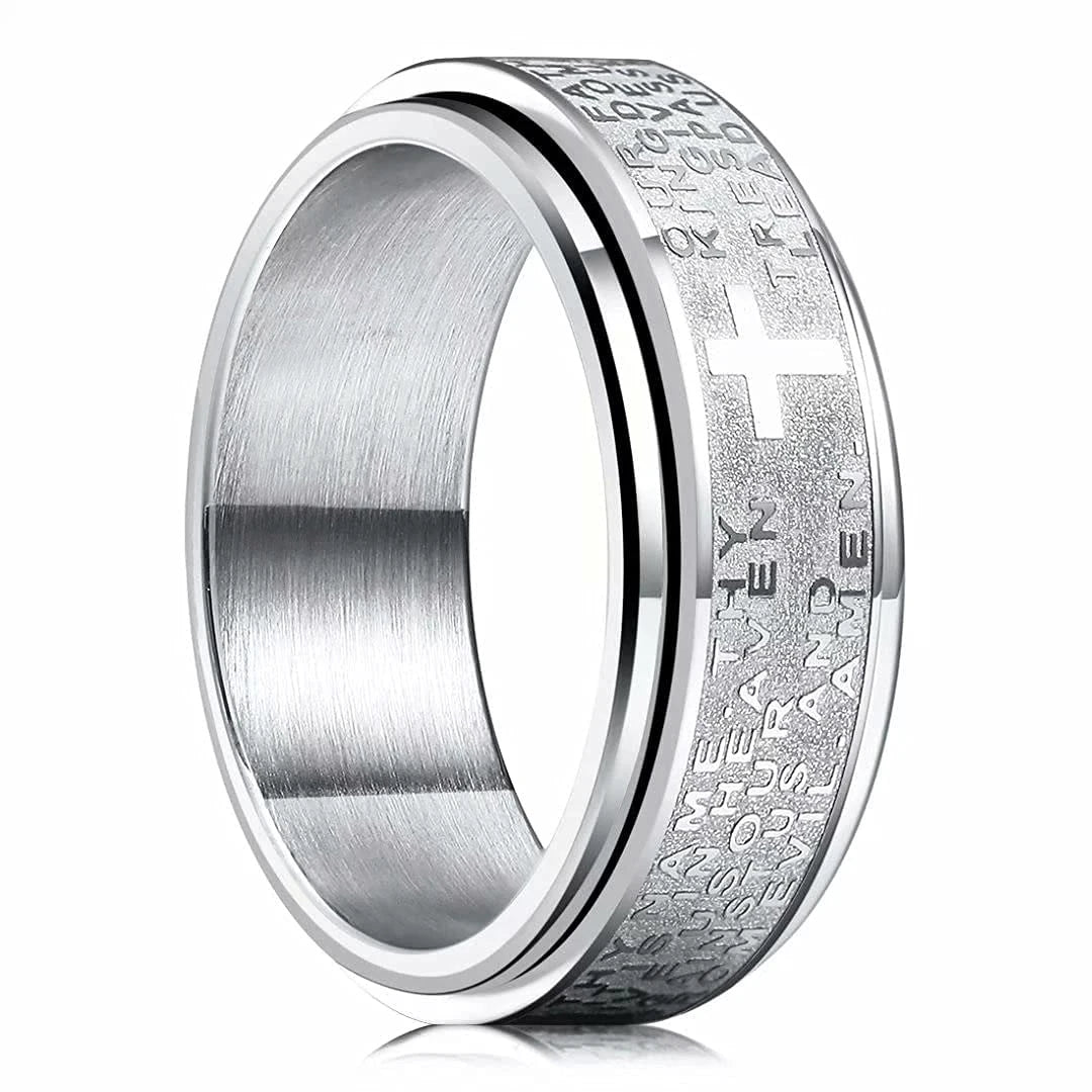 Showlu stainless steel Christian cross spinner anxiety ring for men and women, featuring a detailed cross design and smooth spinning mechanism.