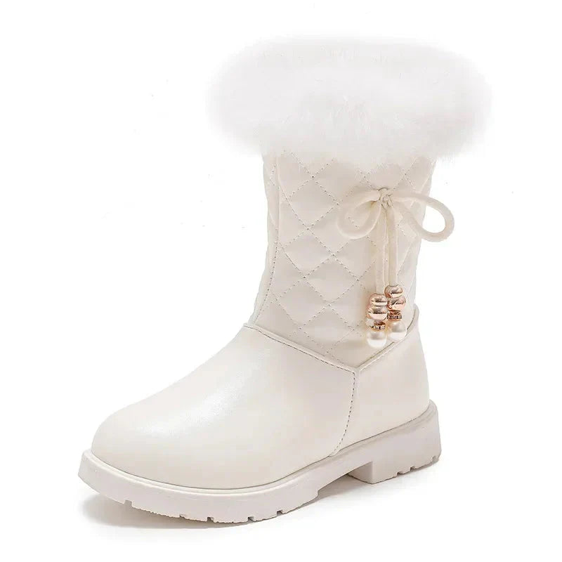 Girls winter snow boots by JGSHOWKITO featuring mid-calf length, PU leather material, and decorative bows for chilly weather.