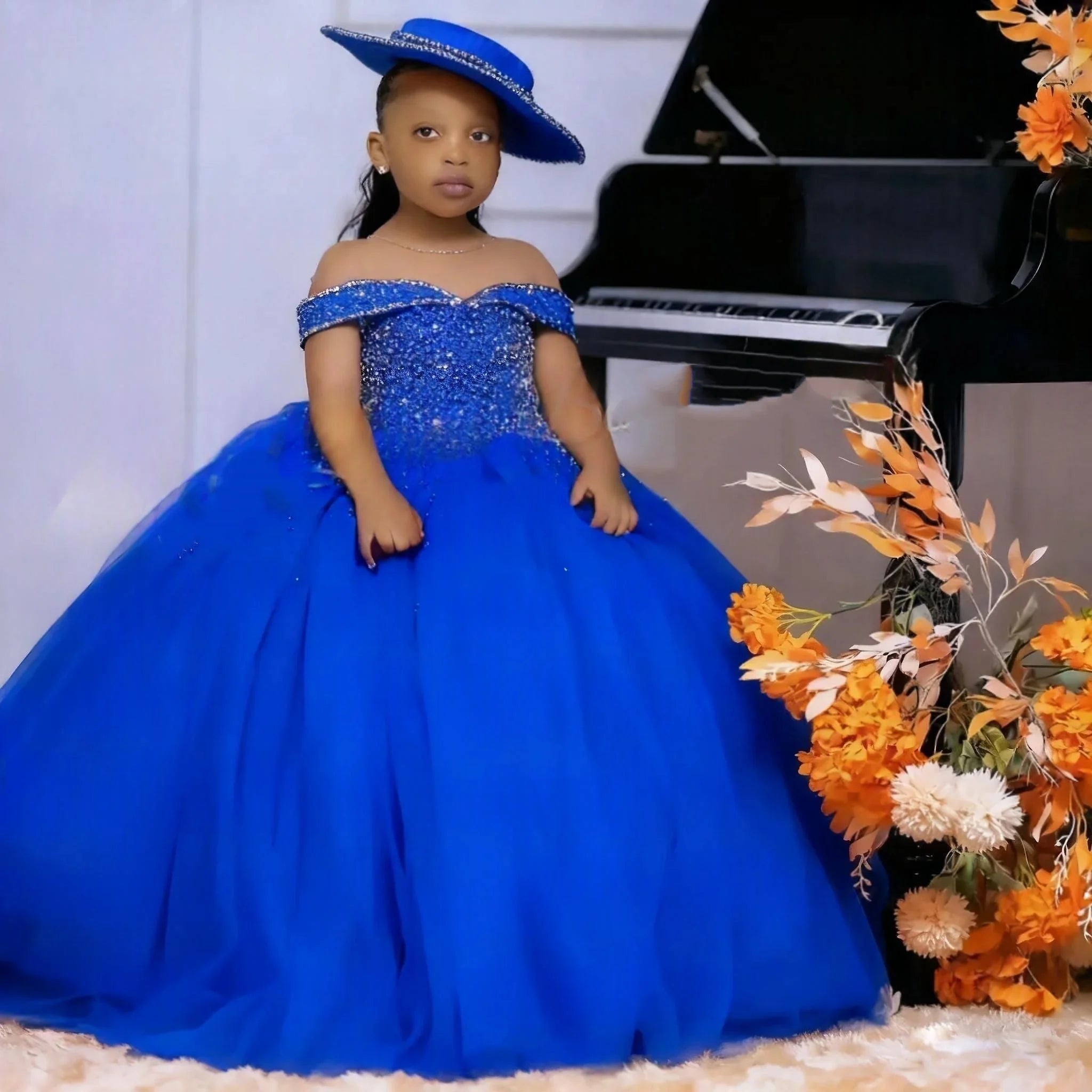 Custom Orange Off Shoulder Beaded Tulle Flower Girl Dress First Christmas Wedding Party Princess Gown فساتين اطفال س