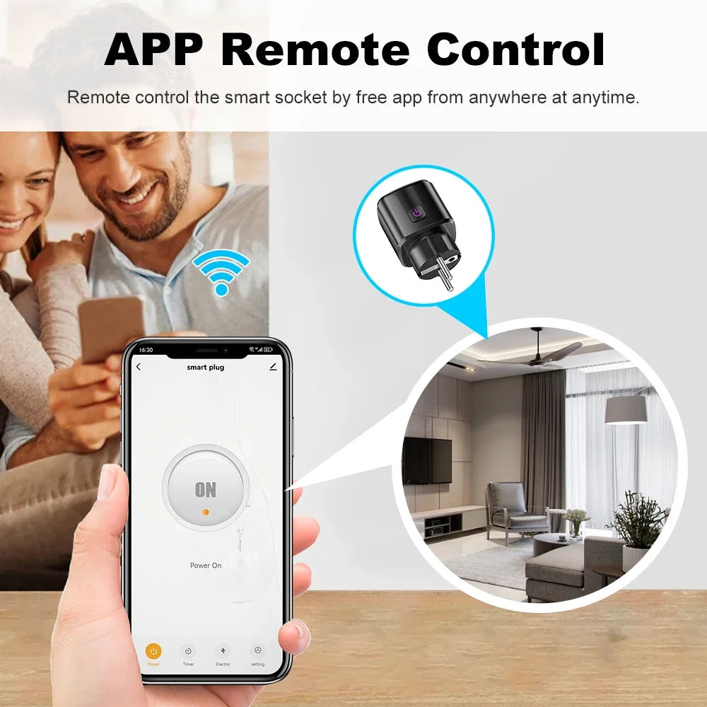 Showlu Smart WiFi smart plug EU socket with power monitor and voice control, shown plugged into a wall outlet.