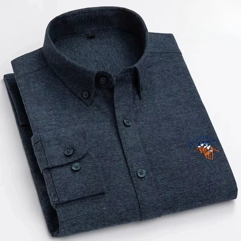 Showlu Fashion men's long-sleeve cotton brushed slim fit formal shirt with plaid pattern, soft striped casual tops.