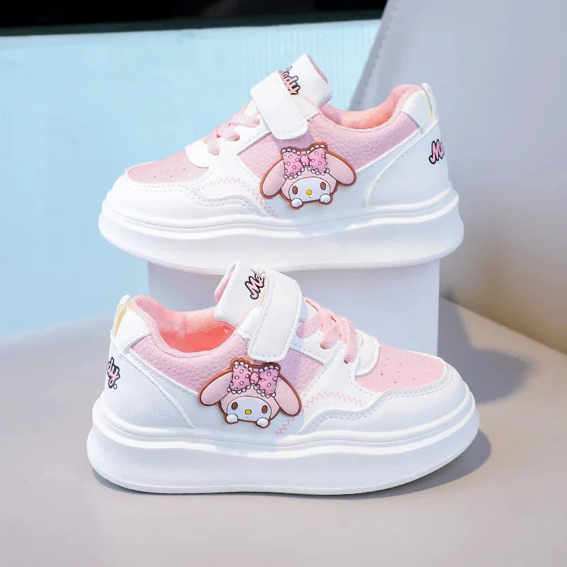 Sanrio Kuromi Melody kids casual sneakers with anti-slip soft soles, featuring colorful cartoon character design and comfortable fit.