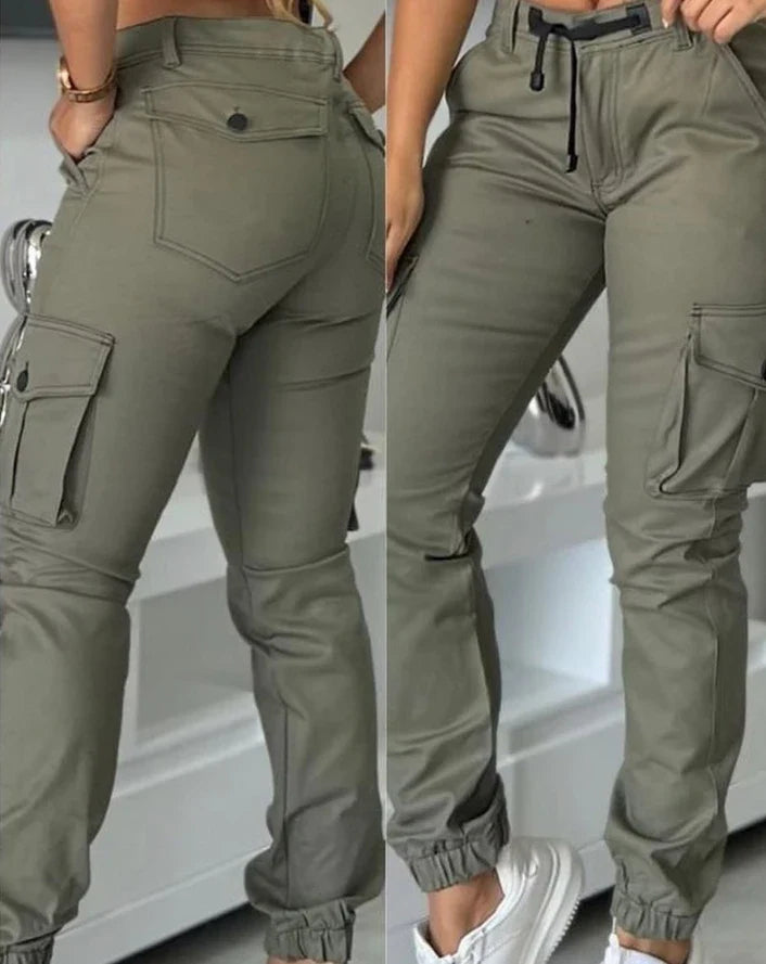 Women's slim fit cargo pants by SHOWLU FASHION, solid polyester workwear trousers with functional pockets and tailored fit.