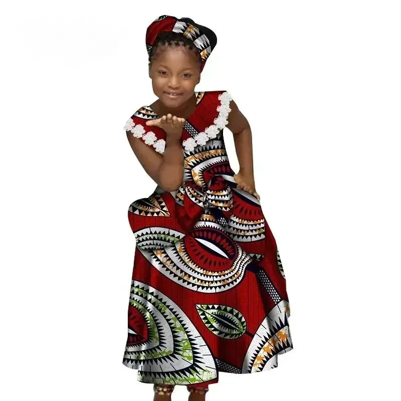 African Ankara print girl's dress by Wingfei featuring a cotton pleated skirt and bow, perfect for stylish children's wear.