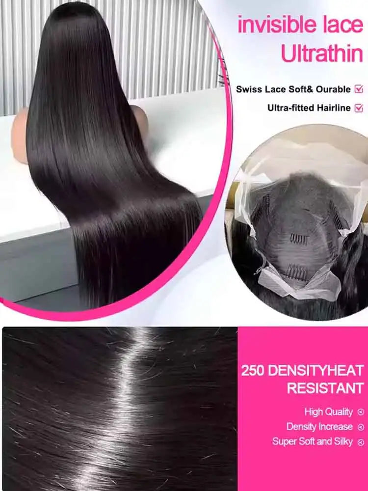 UVEOUS 40-42 inch bone straight HD lace frontal human hair wig with 13x6 lace, shown in a natural straight style