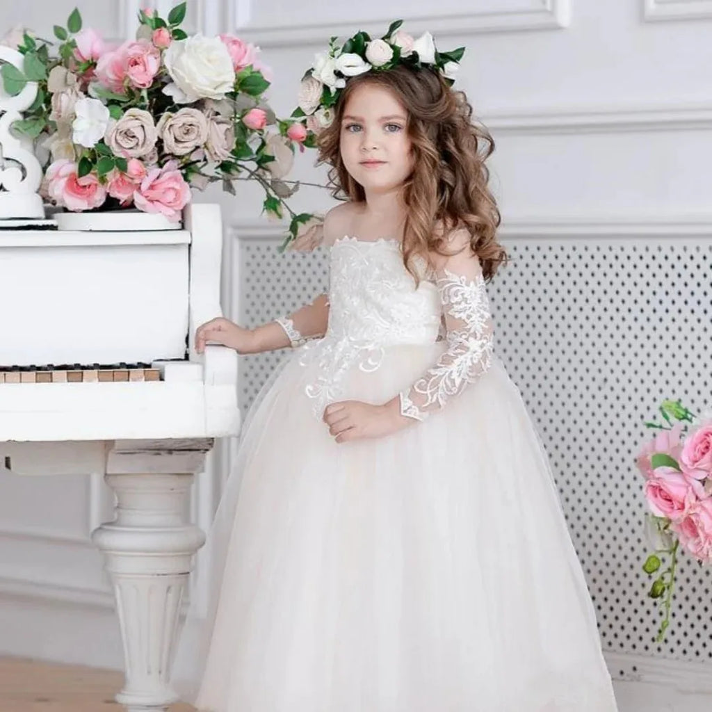 Lace flower girl dress by Showlu Fashion Store with floral tulle design, perfect for weddings and special occasions.