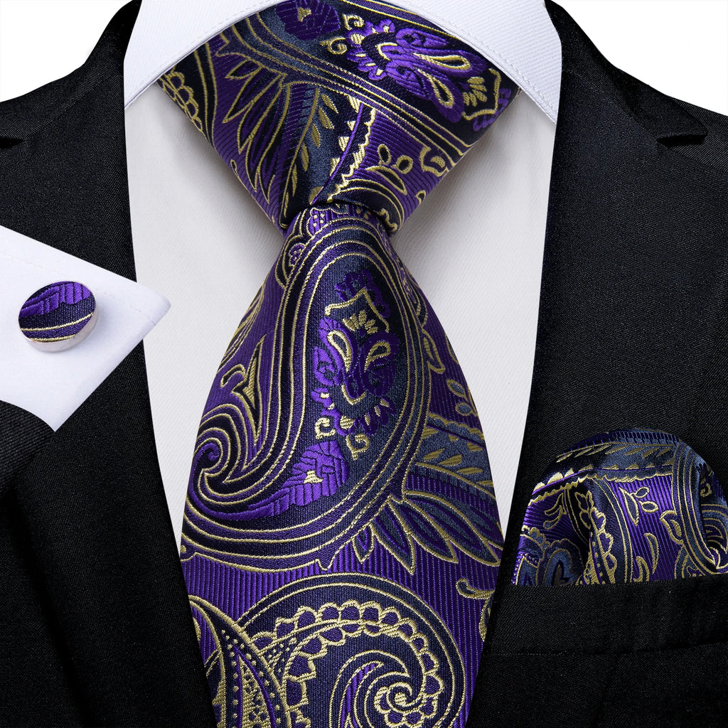 DiBanGu Ties For Men Purple Floral Paisley Necktie Business Formal 100% Silk Tie Pocket Square Set For Wedding Party Cravat
