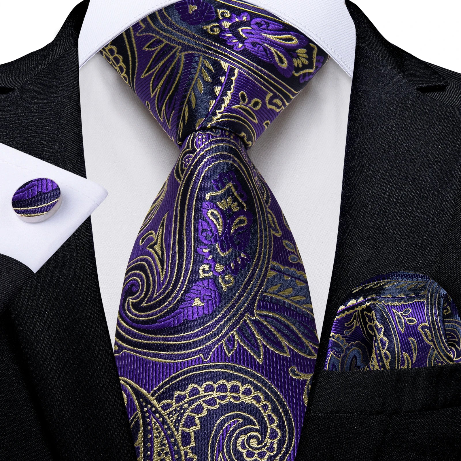 DiBanGu Ties For Men Purple Floral Paisley Necktie Business Formal 100% Silk Tie Pocket Square Set For Wedding Party Cravat