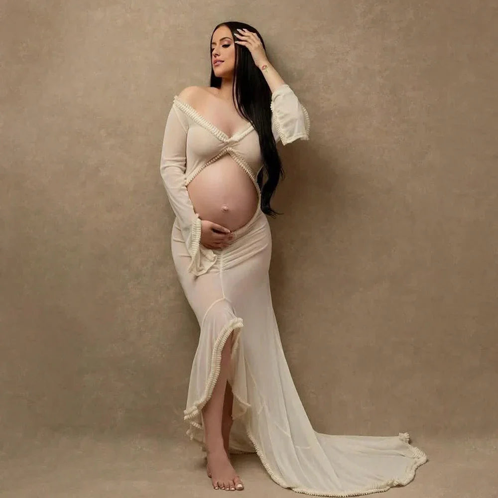 Showlu Maternity sheer lace ruffle ruched dress with sexy slit, elegant gown featuring delicate lace details and a flowing silhouette.