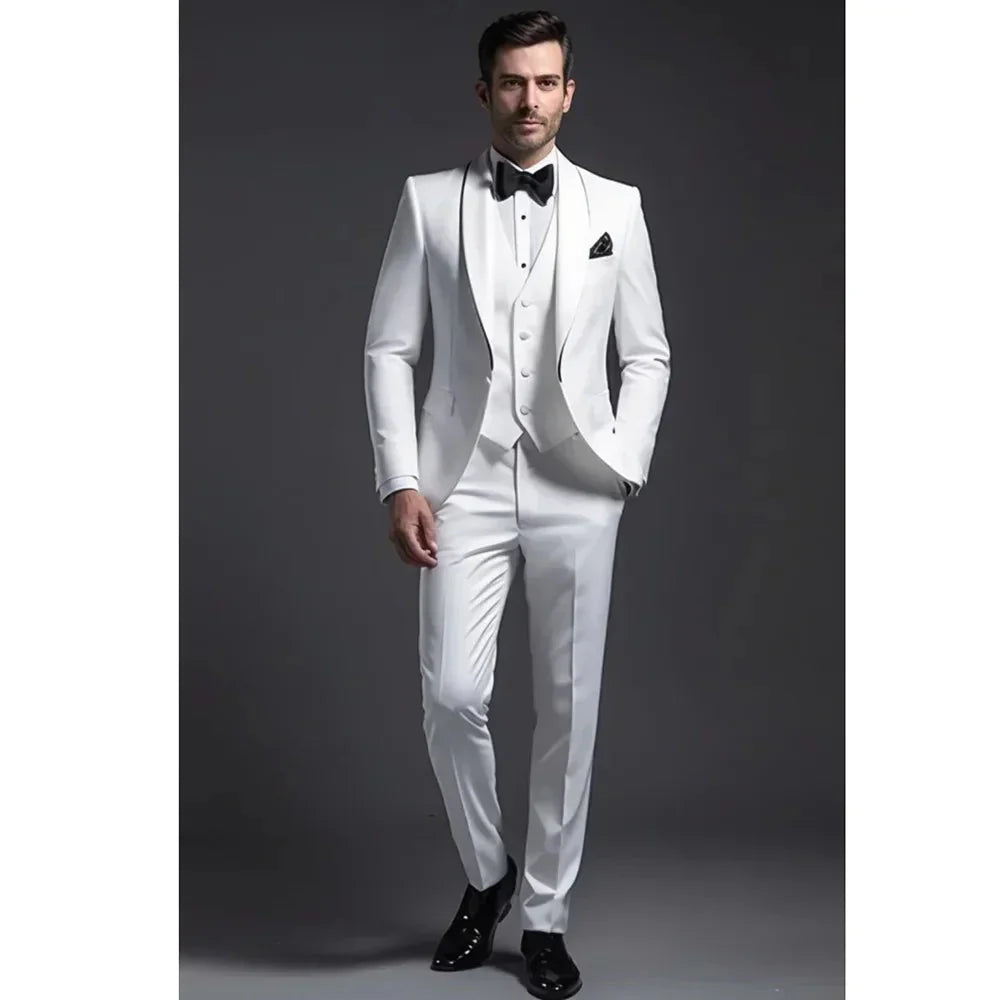 White 3-piece slim fit wedding tuxedo with shawl lapel, men's formal suit by SHOWLU FASHION STORE.