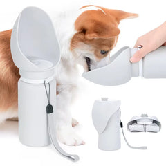 A portable, collapsible silicone pet water bottle with a built-in drinking bowl for travel.