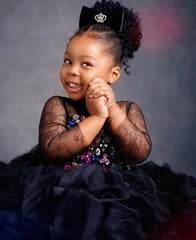 Customized Flower Girl Dresses For Wedding Black Knee Length Cute Baby Pleate Puffy Princess Birthday Party First Communion Gown