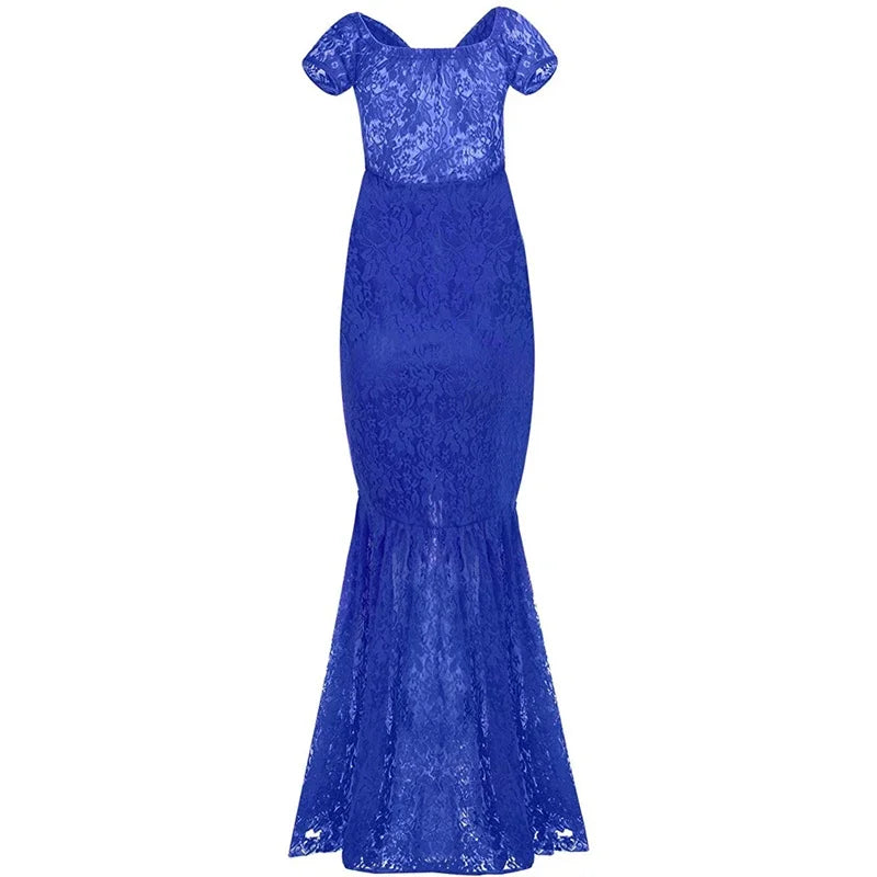 Showlu Mermaid maternity dress with lace V-neck, maxi gown for photography, elegant and flowing maternity fashion.