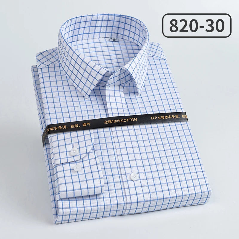 Men's slim fit cotton long sleeve shirt with striped pattern, heterochromatic collar, wrinkle-resistant, high-end light luxury style.