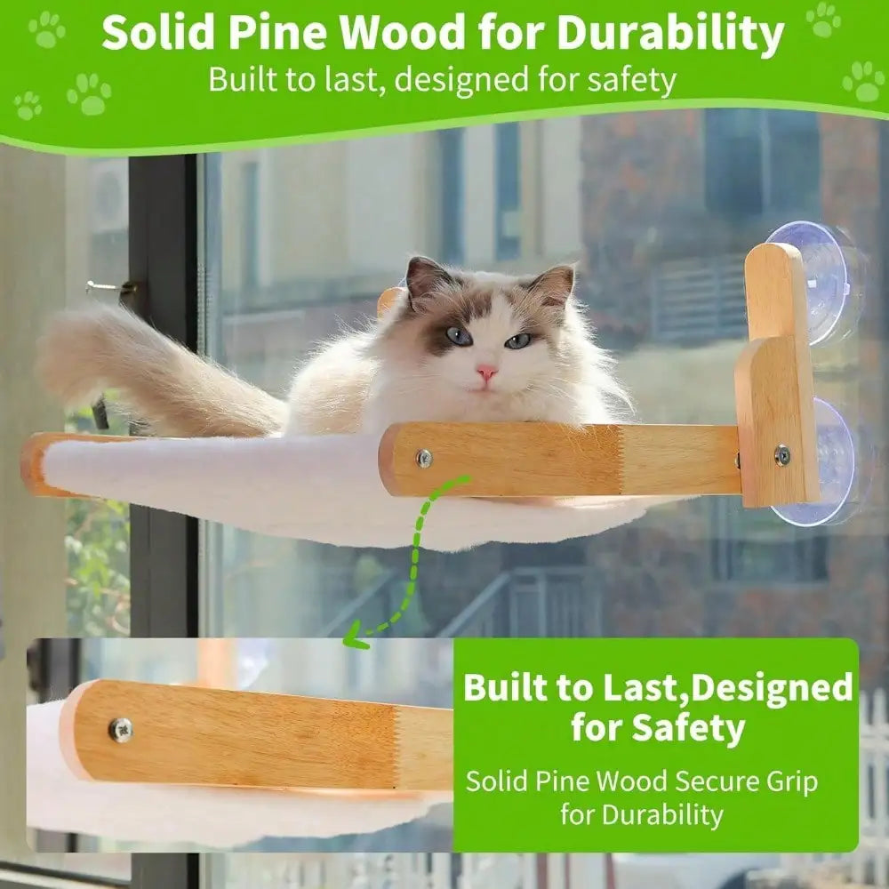 Showlu Wooden Cat Window Perch with cozy faux fur hammock and suction cups for secure attachment and comfortable outdoor lounging.