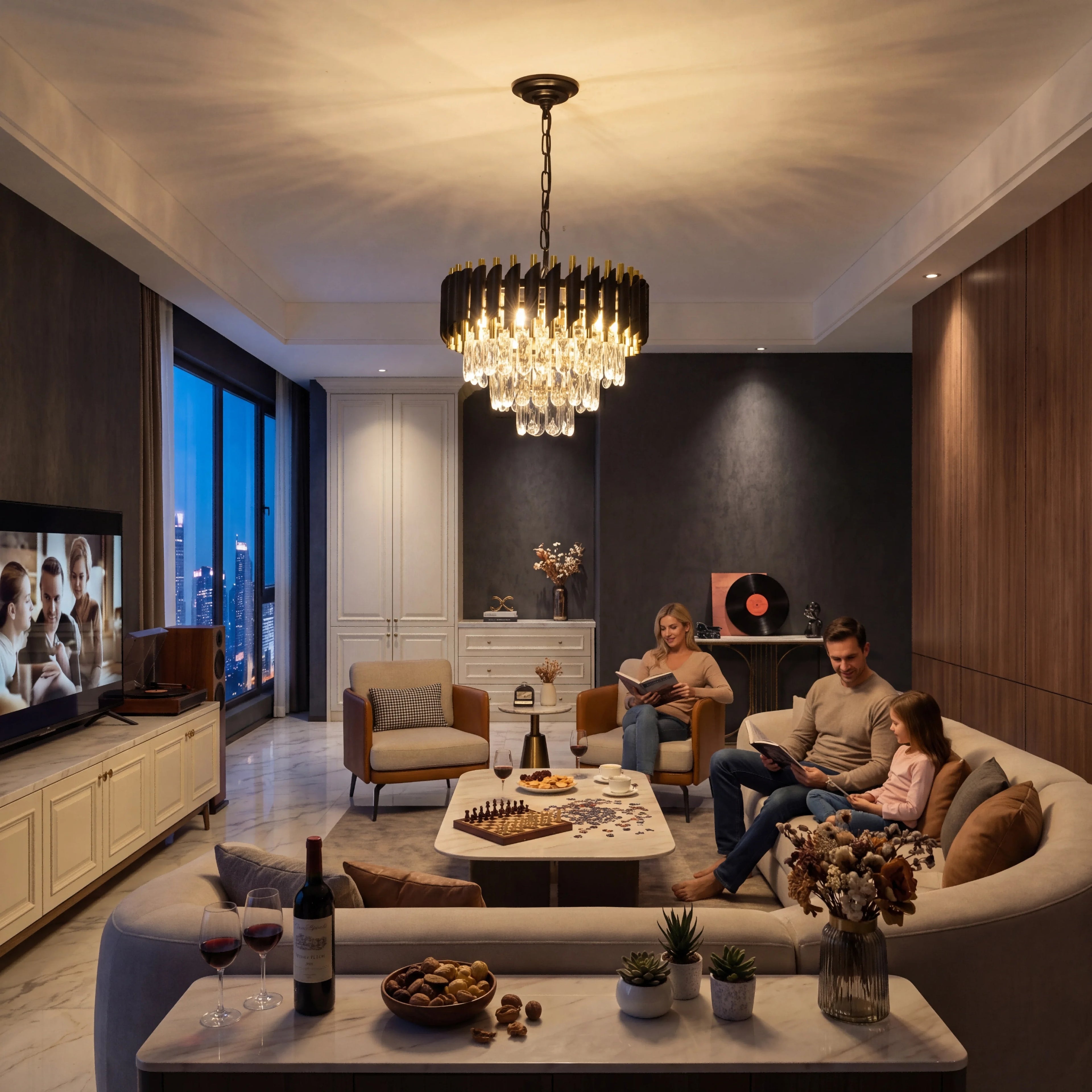 Modern black and gold crystal chandelier by Showlu Fashion Store, featuring LED ceiling light with intricate crystal details.