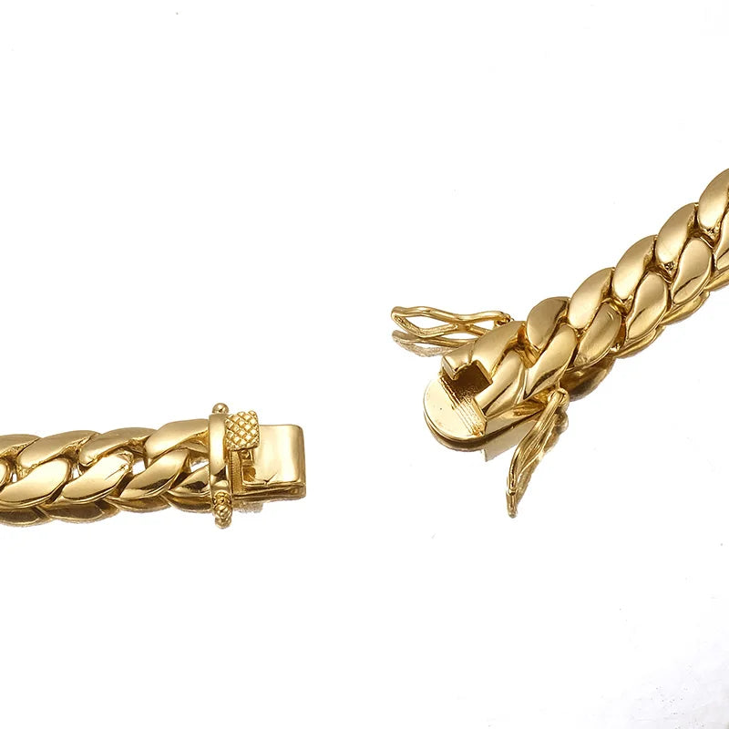 Gold Cuban link chain necklace for men, rapper style hip hop jewelry, shows intricate chain links and bold design.