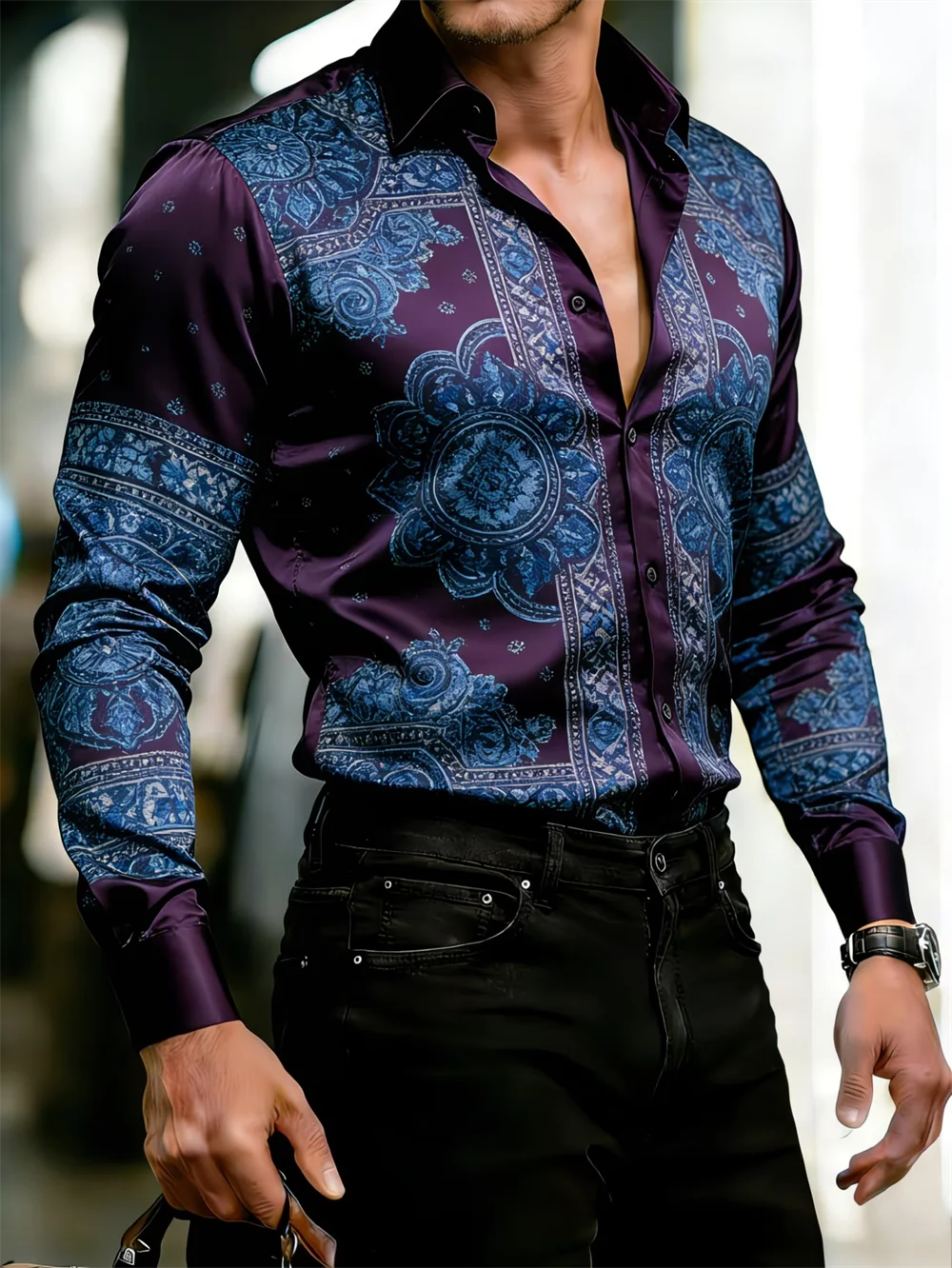 Men's long sleeve shirt with 3D clover print, casual collar top by Showlu Fashion Store, high-quality patterned design.