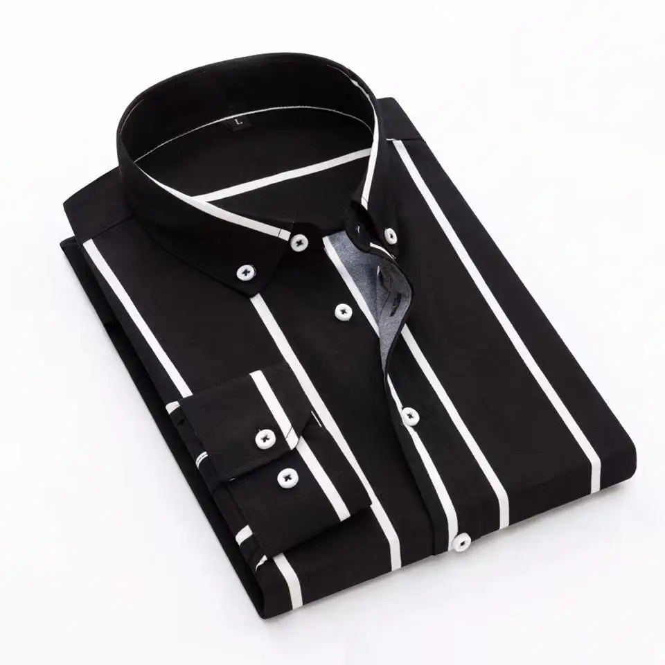 Men's printed long-sleeved striped shirt from Showlu Fashion Store, featuring pocket, slim fit, casual, spring and autumn style.