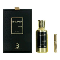 A 100ml bottle of Bharara Niche perfume with its black gift box and a small travel atomizer.