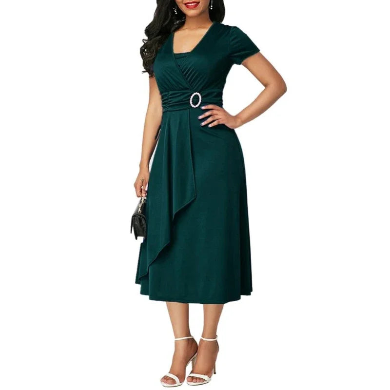 Liva Girl women's V-neck short sleeve summer party dress in elegant A-line style with a flowing fabric and vibrant color.