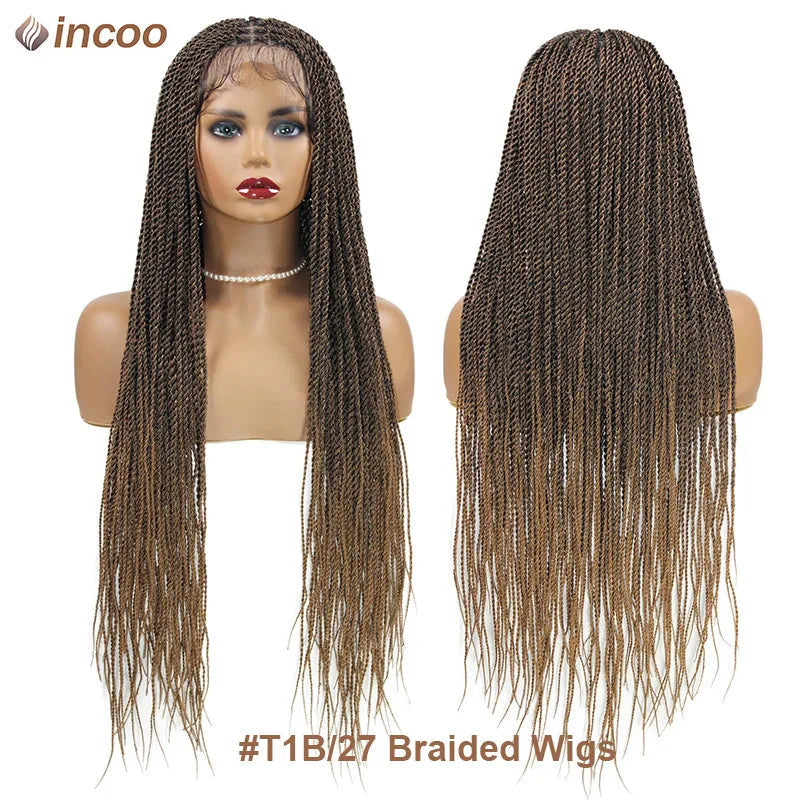 Senegalese twist lace front wig by SHOWLU FASHION STORE with Kanekalon fiber, featuring long, twisted braids and natural parting.