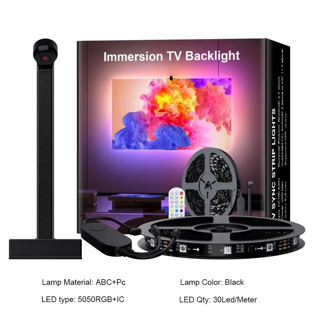 RGB LED backlight strip with color sensor for TVs, 5V, by Showlu Smart General, shown installed behind a television screen.