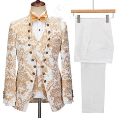 Floral Jacquard Men's Suit For Wedding Groom Tuxedo Stand Collar Formal Party Male Dress Blazer Pants Vest 3 Piece Costume Homme SHOWLU FASHION STORE