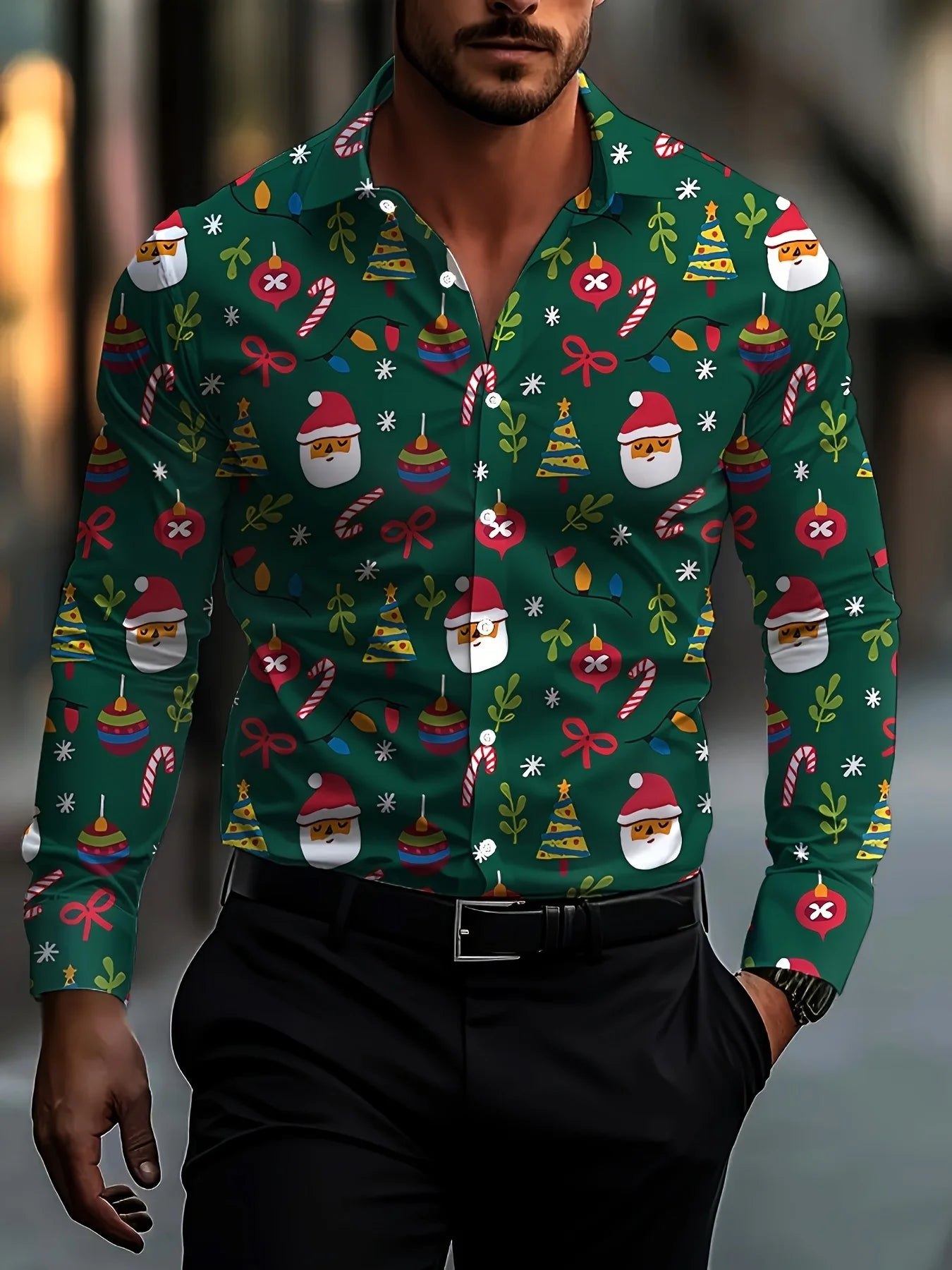 Men's Christmas festival themed 3D printed formal shirt featuring Christmas tree and Santa Claus graphic, long sleeve design by Showlu Fashion
