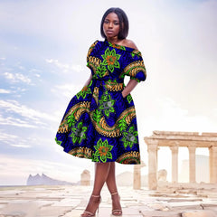 African Ankara Printed Fabric Women's Strapless Loose Dress Sexy Waistband Bubble Sleeve Dress 2425079