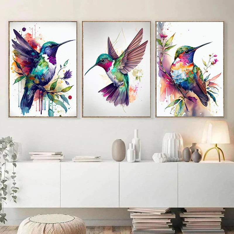 Colorful watercolor hummingbird and flowers wall art canvas print, vibrant bird and floral decor for living room or home.