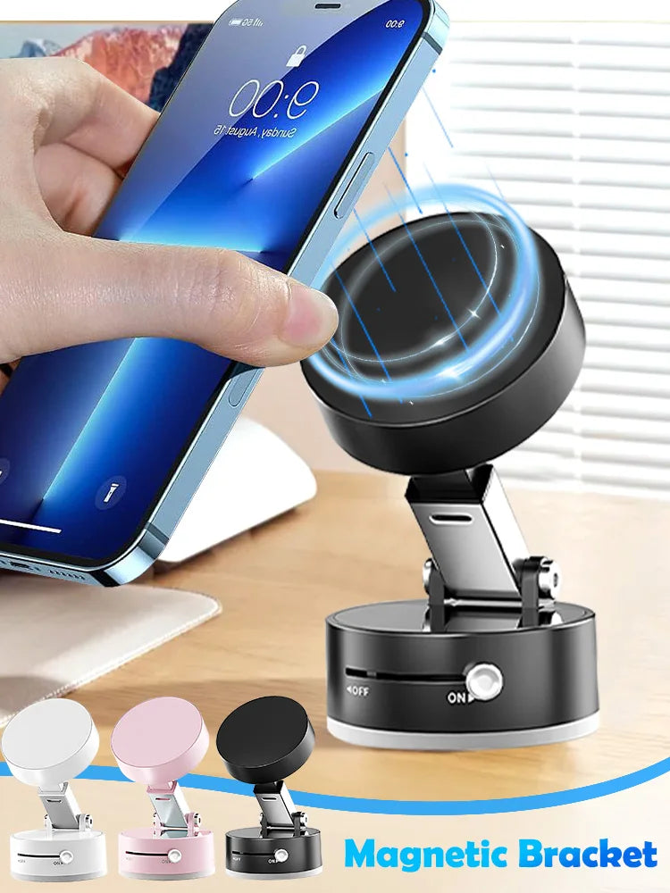 Showlu Mini Magnetic Suction Cup Car Phone Holder attached to a car dashboard holding an iPhone or Android device.