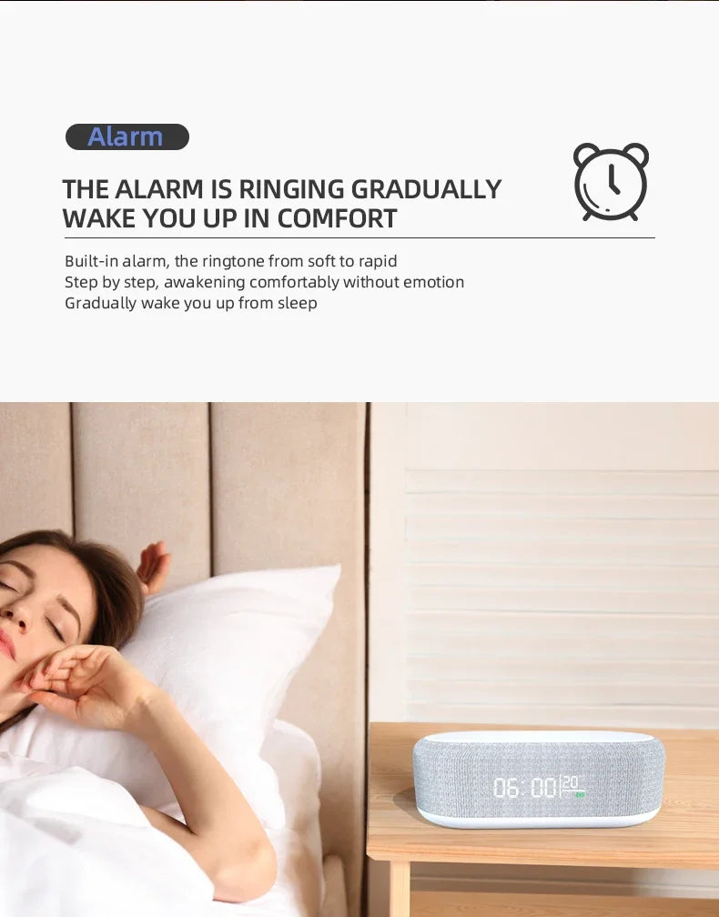 Showlu Smart General 15W wireless charging alarm clock with LED night light, featuring a sleek digital display and modern design.