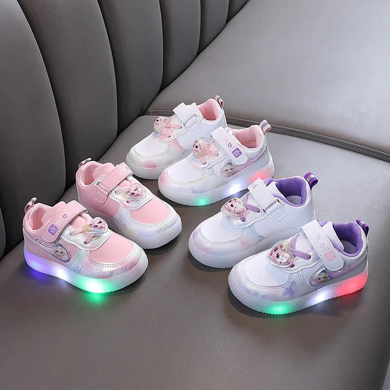 Disney Frozen Elsa girls LED light-up sneakers with breathable sport shoes, featuring Elsa design and glowing LED lights.