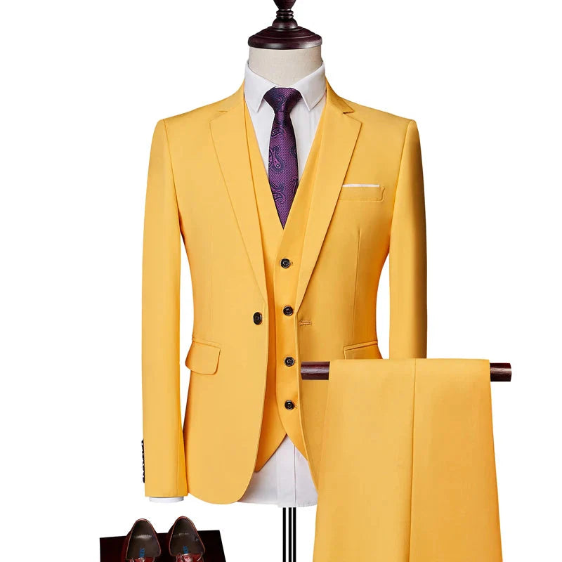 SHOWLU Men's pink three-piece wedding suit with slim fit design, including jacket, vest, and trousers, suitable for formal occasions.