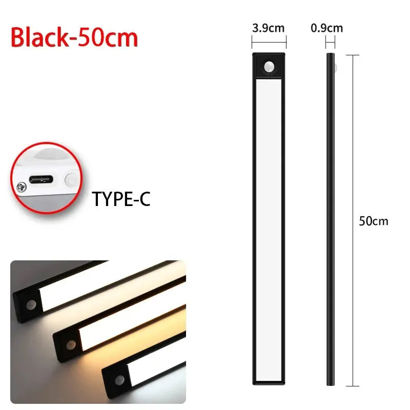 Pzsunly LED motion sensor cabinet light 50cm USB rechargeable, sleek design with sensor and rechargeable battery for easy installation.
