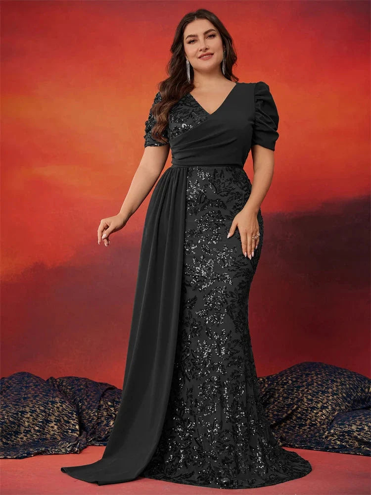 BluePlum women's V-neck sequin mermaid evening dress in plus size, formal gown with shimmering embellishments.