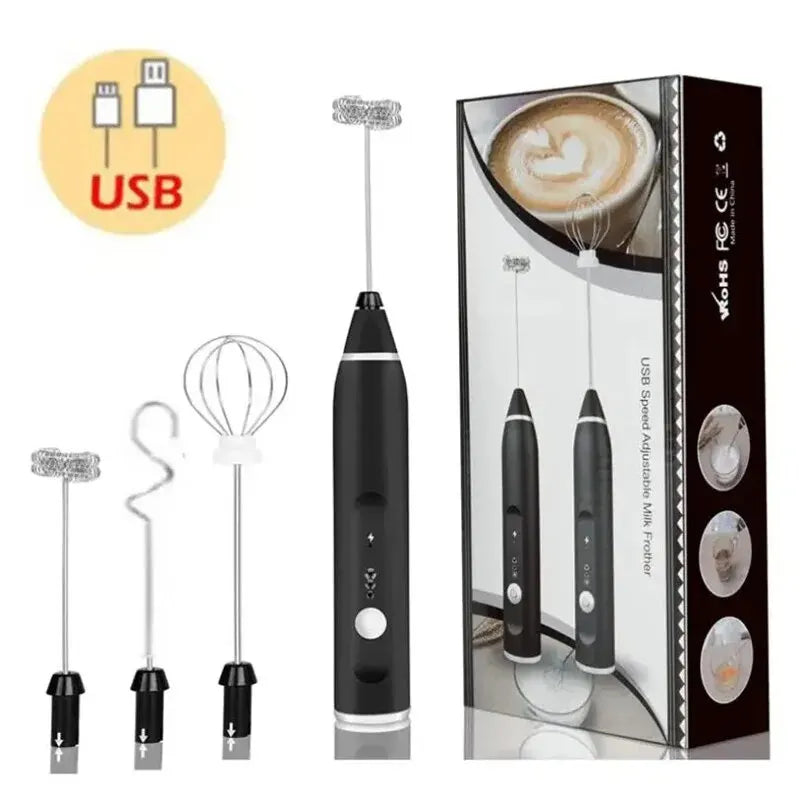 Showlu Smart General mini coffee frother in black, featuring a compact design with a stainless steel whisk for frothing milk.
