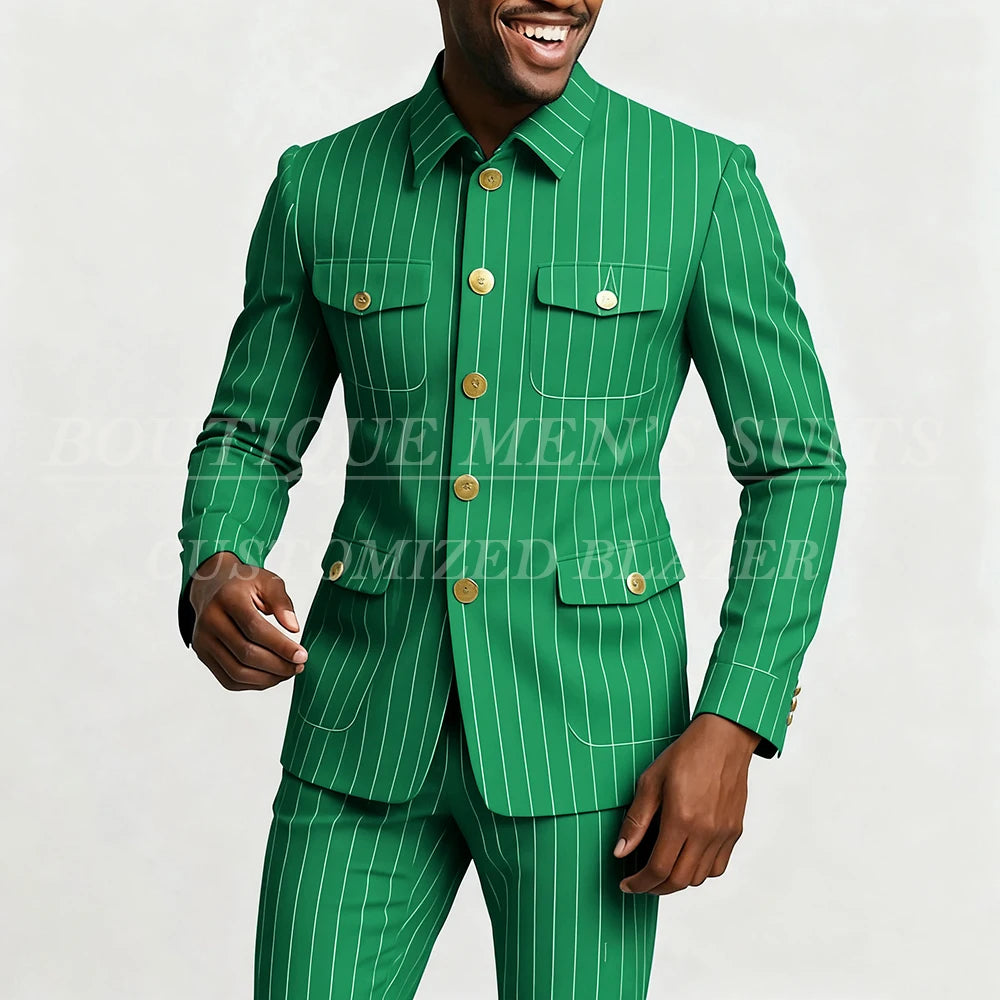 Elegant men's pinstripe suit by Showlu Fashion, single-breasted, slim fit with stand lapel, featuring jacket and pants set.