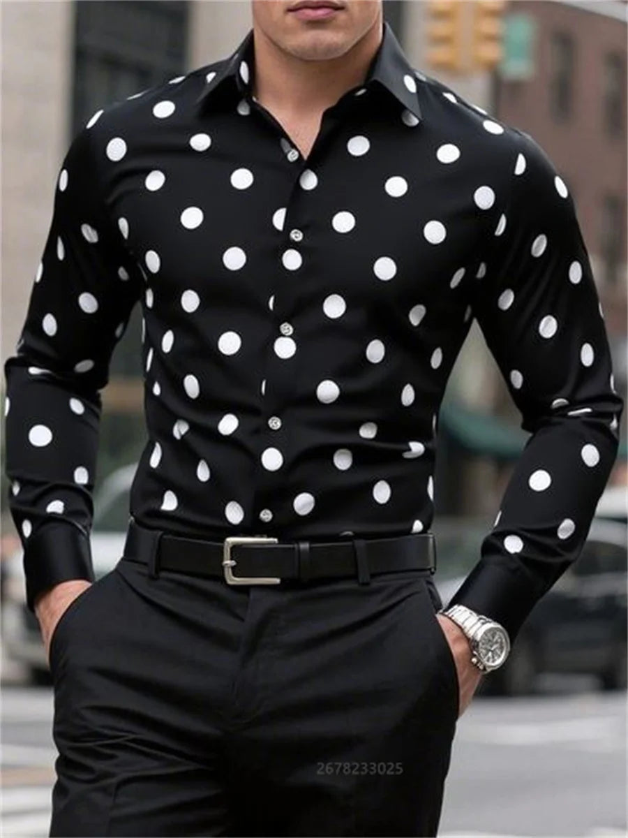 Men's long sleeve spotted lapel shirt by Showlu Fashion, casual outdoor breathable button-up with comfortable versatile style.