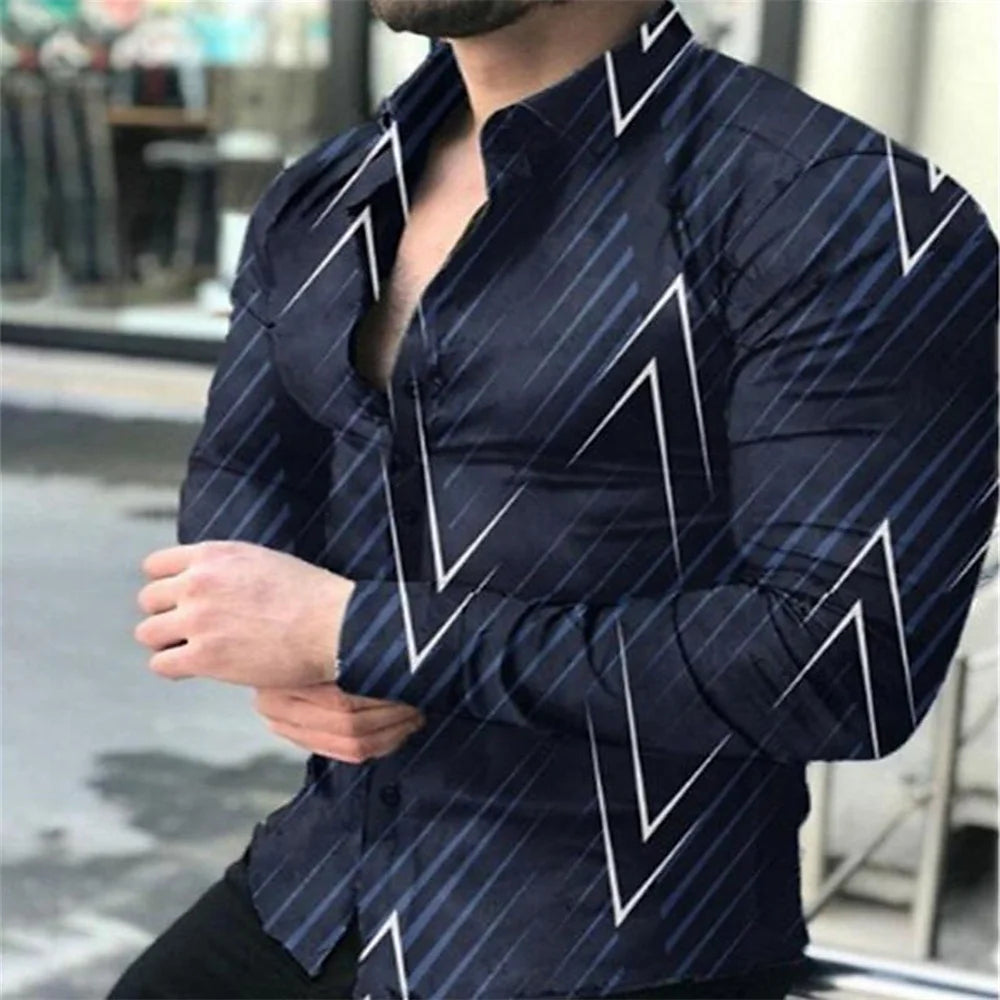 Long sleeve men's fashion shirt with geometric graffiti pattern, slim fit, oversized streetwear style, available from size S to 5XL