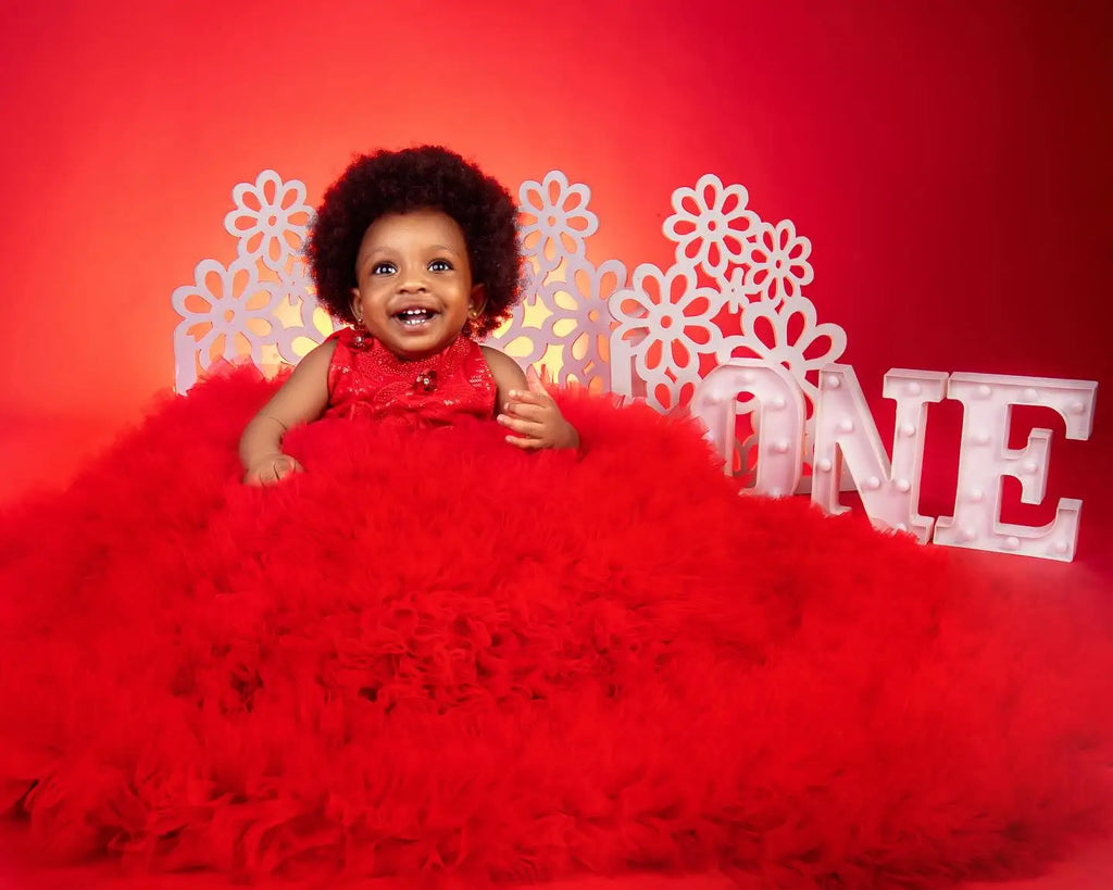 Red flower girl dress by SHOWLU FASHION STORE with sequined ruffle ball gown design, perfect for weddings and special occasions.